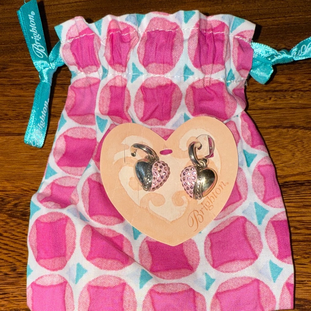 Brighton Pink Crystal Heart Drop Earrings with Turquoise Ribbon Pouch